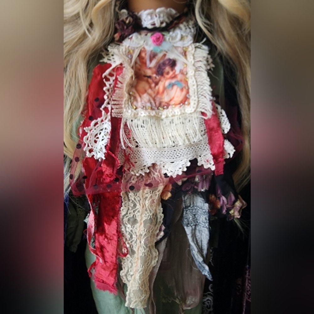 Victorian Jabot Boho Vintage Lace Burgundy Velvet Floral Appliqué Angel